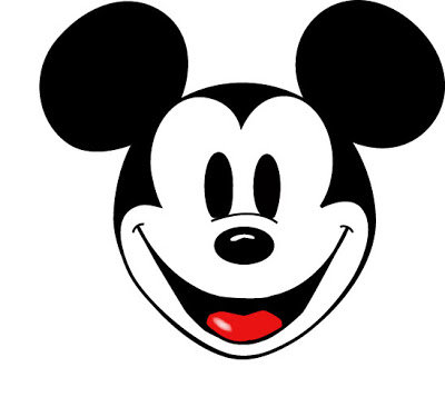 Tecknad karaktärsleende ansikte med stora runda öron och röda detaljer.