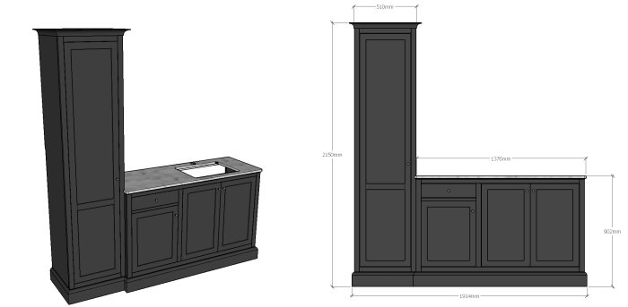 3D-ritning av platsbyggd badrumsmöbel i Sketchup, inspirerad av shaker-stil med måttangivelser.