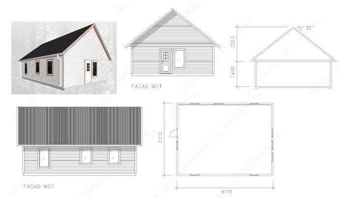 Arkitektoniska ritningar och 3D-modell av en liten stuga med måttangivelser.