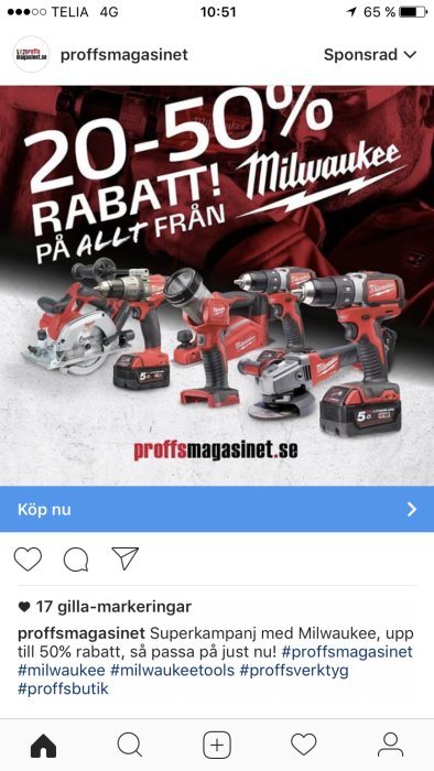 Reklam för 20-50% rabatt på Milwaukee verktyg, med en samling elverktyg i förgrunden.