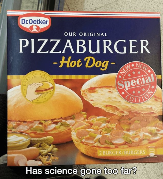 Förpackning för Dr. Oetker Pizzaburger Hot Dog, "Special Edition", med halverad produktbild som visar innehållet.