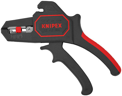 En ny Knipex avisolerare med röda och svarta handtag och inställningsskala på skärhuvudet.