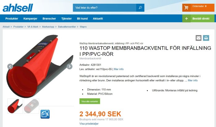 Wapro membranbackventil för infällning i rör, visas på Ahlsells hemsida med pris och specifikationer.