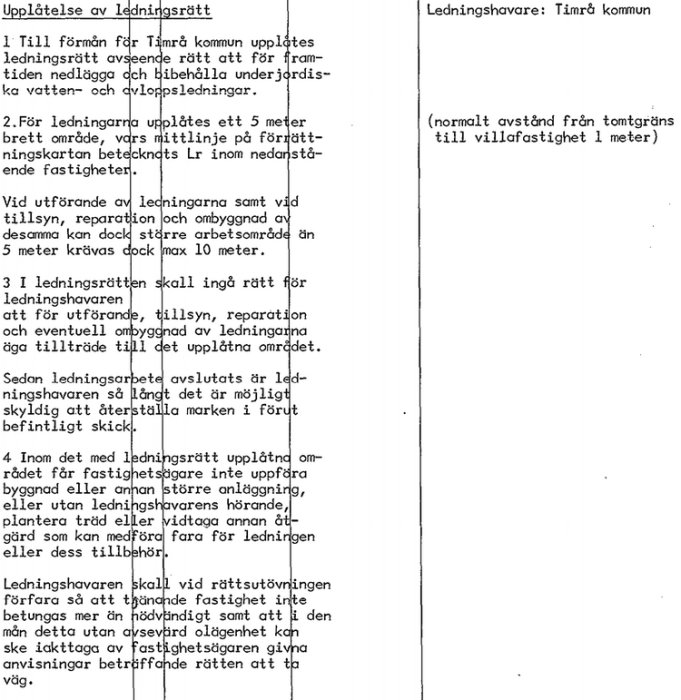 Foto av ett dokument med text gällande servitutsupplåtelse för ledningsrätt i Timrå kommun.