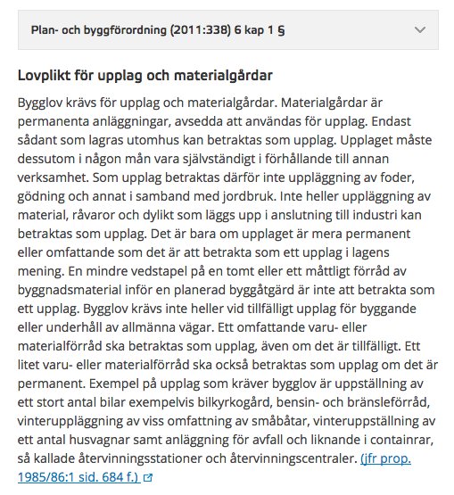 Skärmbild av en text om "Lovplikt för upplag och materialgårdar" från Plan- och byggförordningen (2011:338) kap 15.