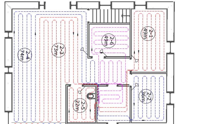 Översiktsritning av en golvvärme installation med flera kretsar som utgår från en central fördelare till olika rum.