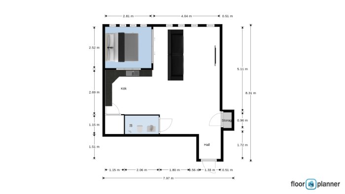 Planlösning alternativ 1, med kök, hall, och förvaringsutrymme, inklusive måttangivelser.