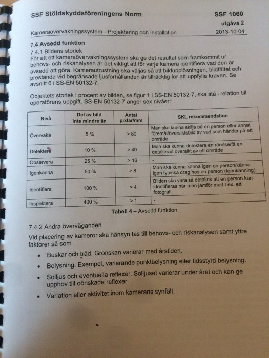 Sida ur SSF Stöldskyddsföreningens norm för kameraövervakningssystem med information och tabeller om projektering och installation.