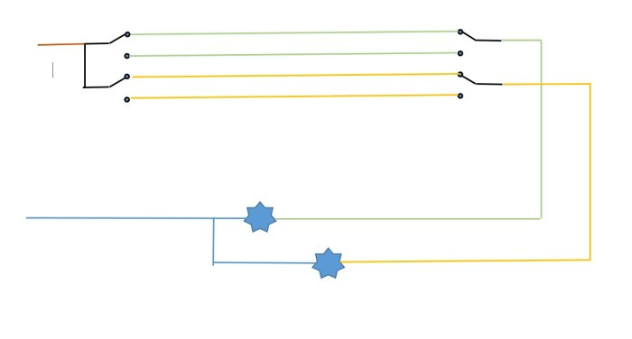 Schematisk illustration av elektrisk krets med ledningar, anslutningspunkter och symboler för komponenter.