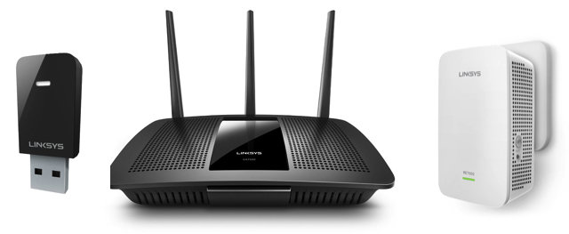 Linksys trådlöst nätverkspaket med kraftfulla EA7500 router, RE7000 repeater och WUSB6100M nätverkskort.