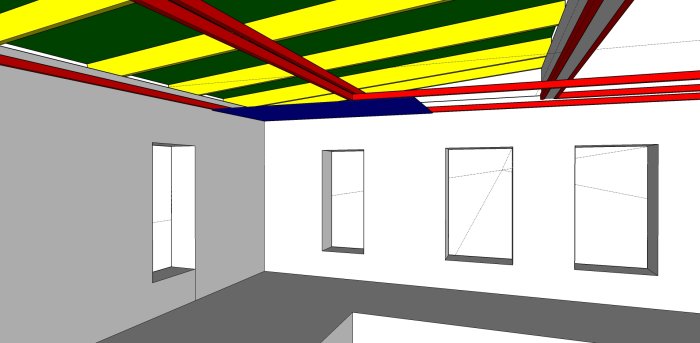 Sketch of a room ceiling with multilevel layers; yellow trusses, green roof, red beams, and blue ceiling over a pool area, showing planned insulation and vapor barrier setup.