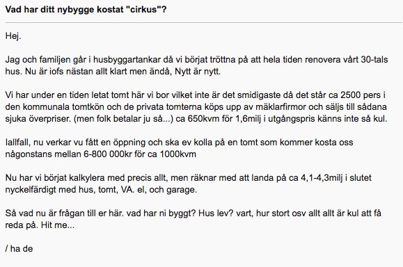 Skärmdump av ett foruminlägg som diskuterar kostnader för totalentreprenad vid husbygge, med siffror och budgetuppskattningar.