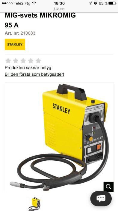 Gul och svart STANLEY MIG-svetsapparat modell MIKROMIG 95 A med svetssladd och munstycke, visad på en webbsida.