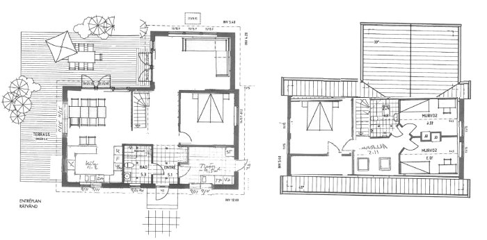 Arkitektritning av ett 1,5-plans vinkelhus med taklutning på 45 grader och ryggåstak i vardagsrum.