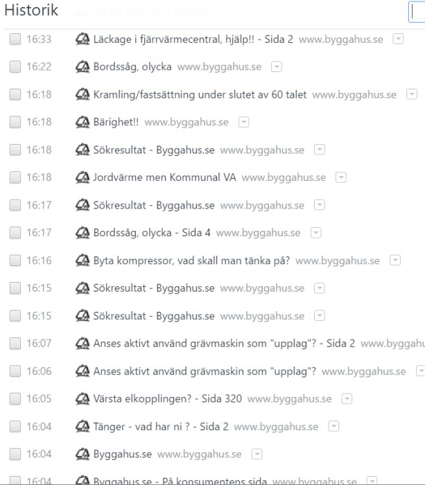 Webbläsares historik med byggrelaterade sökresultat och forumtrådar på byggahus.se.