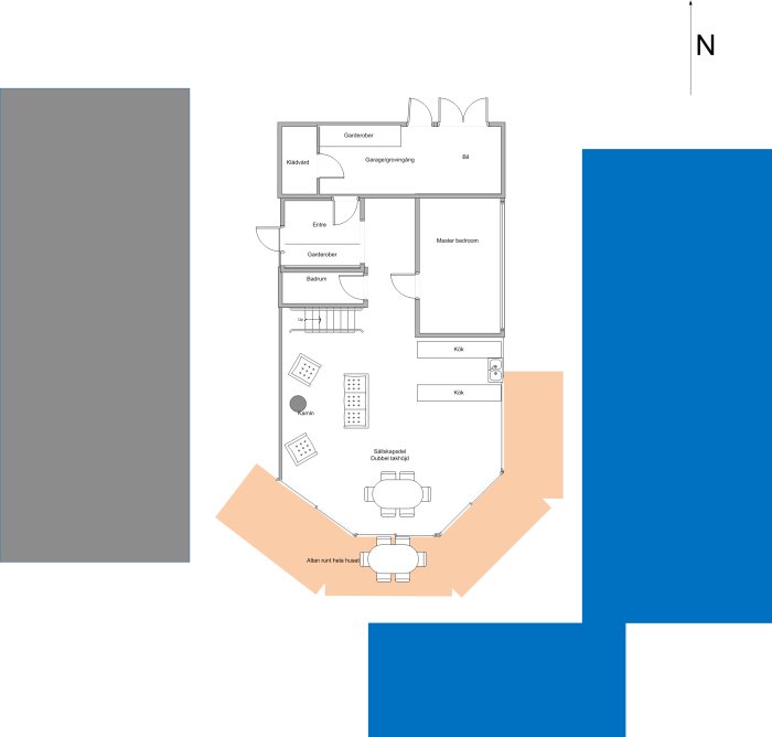 Arkitektonisk ritning av en våningsplan med glasväggar mot havet, sovrum på halv övervåning, integrerat garage och master bedroom med havsutsikt.