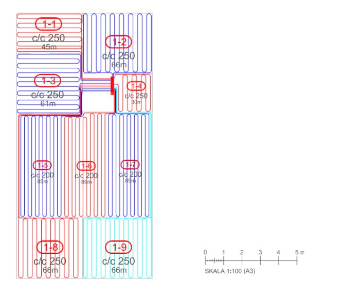 Ritning över golvvärmeinstallation med färgkodade slingor och angivna mått, samt skala för 100 kvm yta.