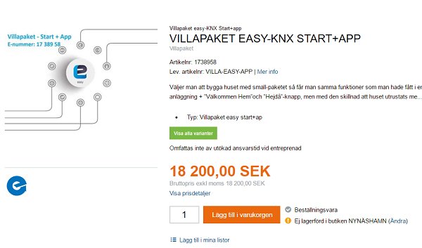 Skärmbild av ett erbjudande om VILLAPAKET EASY-KNX START+APP med priset 18 200 SEK och en grafisk illustration av systemkomponenter.