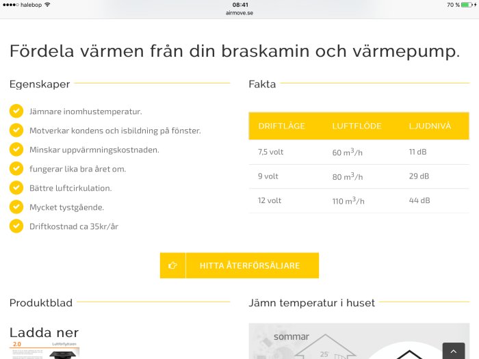 Skärmbild av jämförelsetabell för driftläge, luftflöde och ljudnivå för värmesystem.