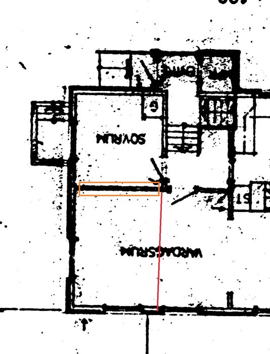 Skiss av rum med måttangivelser och planerad vägg markerad med röd linje.
