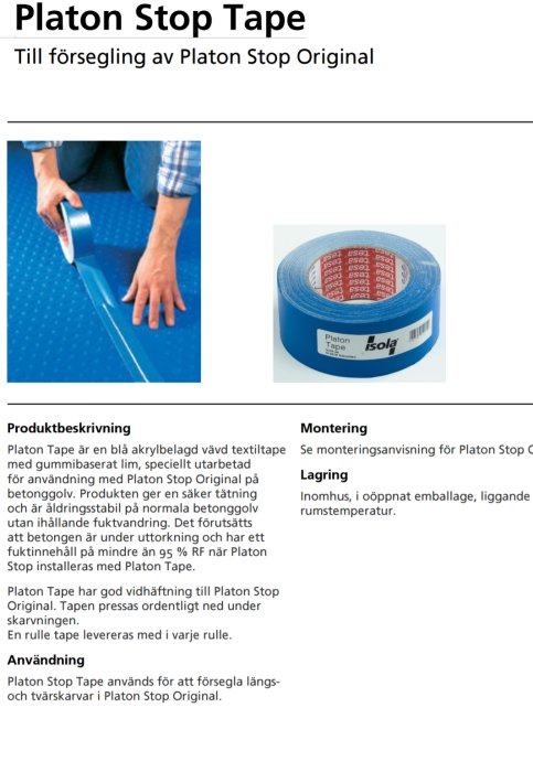 Användning av blå Platon Stop Tape på betonggolv och rulle av tejpen.