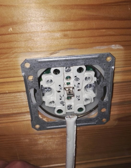 Eluttag under installation med en oskalad kabel som inte är ansluten ännu mot trävägg.