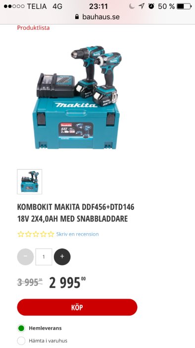 Makita kombokit med borrskruvdragare DDF456 och slagdrivare DTD146, 2x4,0Ah batterier och snabbladdare i verktygslåda.