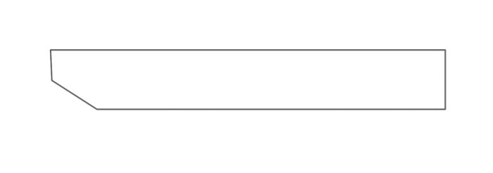 Ritning av bänkskiva med ett snett avklippt hörn, svart kontur mot vit bakgrund.