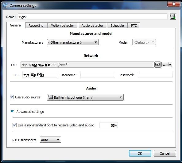 Skärmdump av kamera konfigurationsfönster med nätverksinställningar och RTSP URL i ett mjukvarugränssnitt.