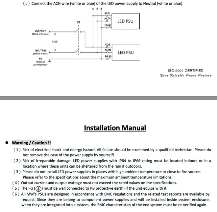 Skematisk illustration av anslutning för LED-nätdel enligt installationsmanual med varningstexter.