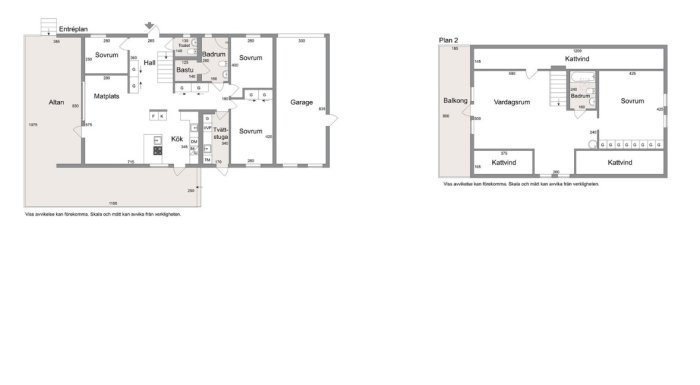 Tvåvåningshusets planritningar visar layout med mått för rum och inredning.