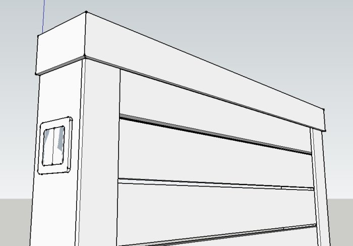 3D-modell av trä sänggavel med utrymme för LED-lister och en strömbrytare.