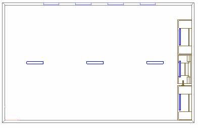 Planritning som visar placering av tre armaturer i ett rum med arbetsbänkar.