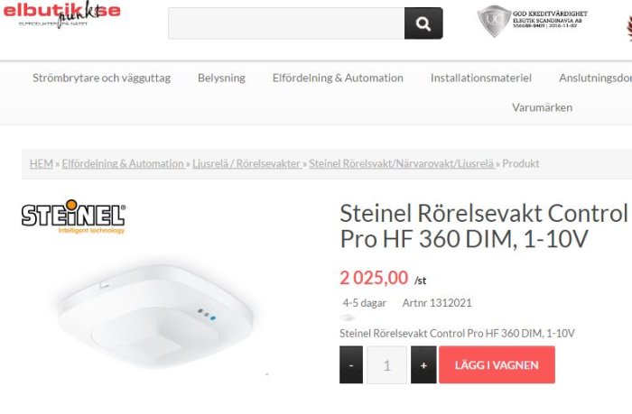 Steinel rörelsevakt Control Pro HF 360 DIM visas på en produktssida med priset 2 025 SEK på Elbutik.se.