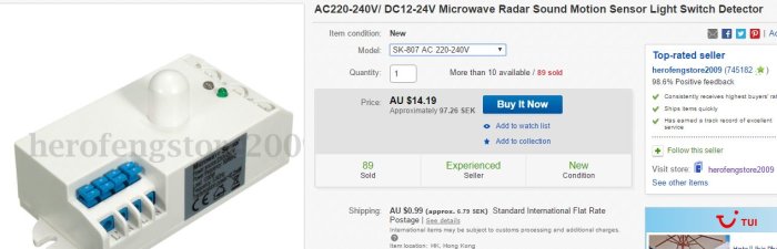 Mikrovågradar med rörelsesensor för ljusreglering från eBay-sida, pris i australiska dollar.