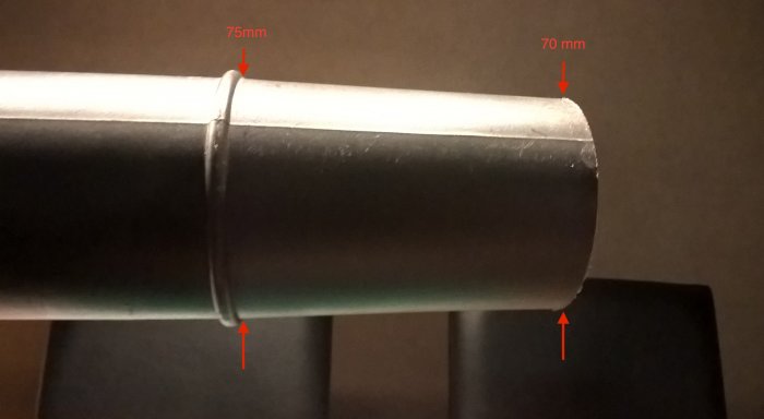 Rörända med måttmarkeringar 75 mm och 70 mm, anpassad för bajonettfattning.