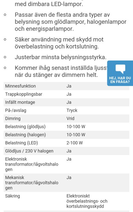 Skärmdump av produktspecifikationer för dimmer, inkluderar lämplighet för olika lampor och säkerhetsfunktioner.