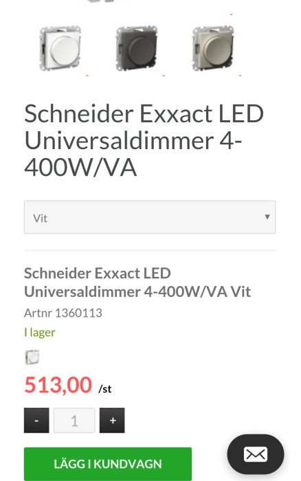 Tre Schneider Exxact LED universaldimmers i vit, svart och silver på en webbshoppsida.