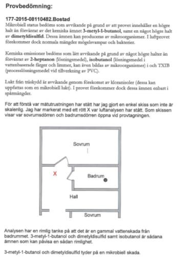 Protokoll med ritning över husets planlösning och anteckningar om mikrobiell skada i sovrum.