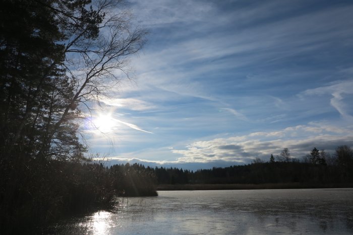 Vinterlandskap med solen som reflekterar i en frusen sjö omgiven av skog och blå himmel med moln.