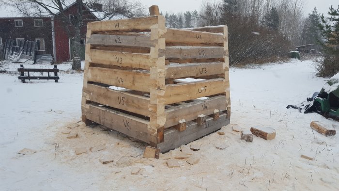 En staplad träkista märkt med siffror i snöigt landskap, spån på marken, röd stuga i bakgrunden.