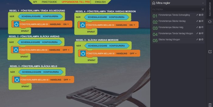 Skärmdump av hemautomationssystem med regler för att styra fönsterlampor mot tropisk bakgrund.