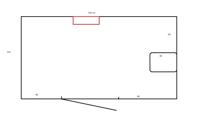 Schematisk ritning av skafferi/förråd med mått och placering av centraldammsugare och elcentral.