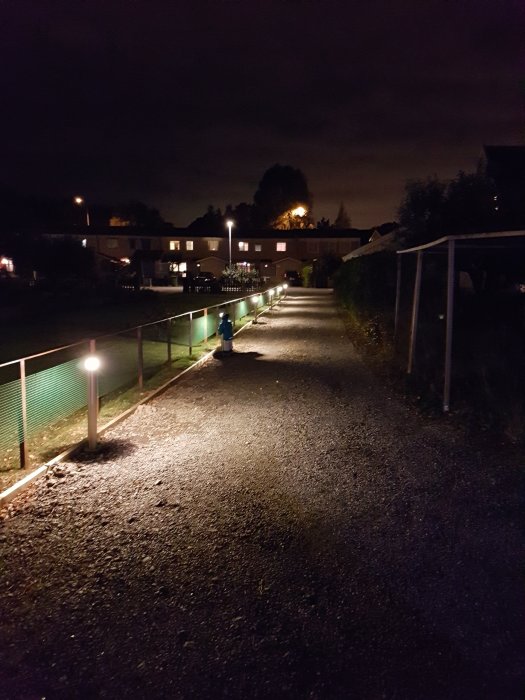 Nyinstallerade marklampor lyser upp en grusgång i skymningen.