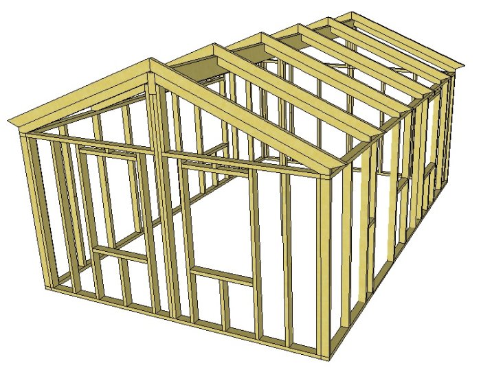 3D-ritning av en gäststugas trästomme baserad på en modifierad Attefallshusstomme med föreslagen lägre takhöjd.