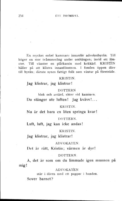 En sida ur ett drama med text från en teaterpjäs och sidnumrering överst.