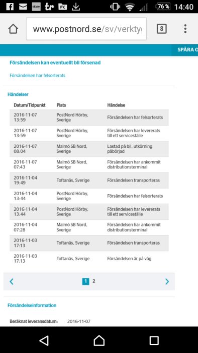 Skärmdump av paketspårningshistorik på PostNords webbplats som visar upprepade felsorteringar.