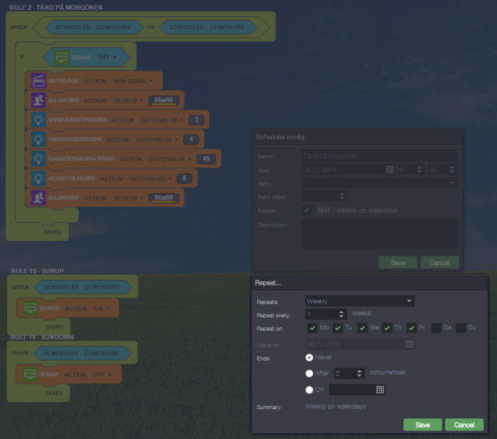 Skärmdump av ett gränssnitt för belysningsautomatisering med schemaläggare och regler för veckodagar.