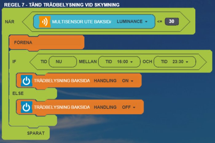Skärmdump av automatiseringsregel för trädgårdsbelysning baserad på luxvärden och tid.
