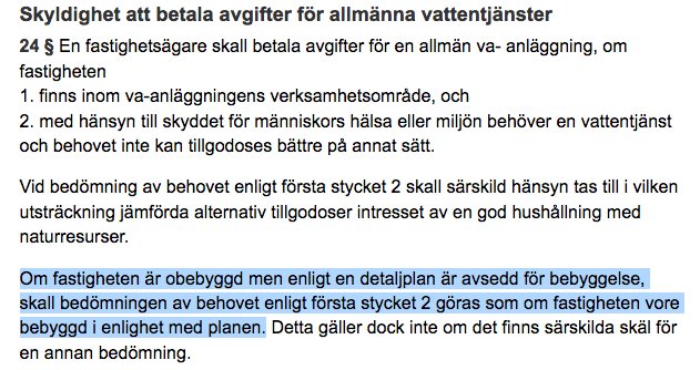 Skärmbild av Lag (2006:412) om allmänna vattentjänster, paragraf 24 angående skyldighet att betala VA-avgifter.